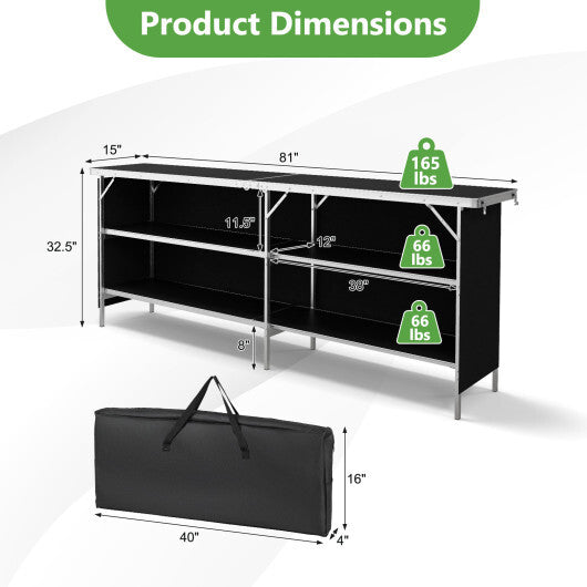 Aluminum Portable Picnic Table with 2-Tier Open Shelves and Spacious Tabletop-Coffee W2B