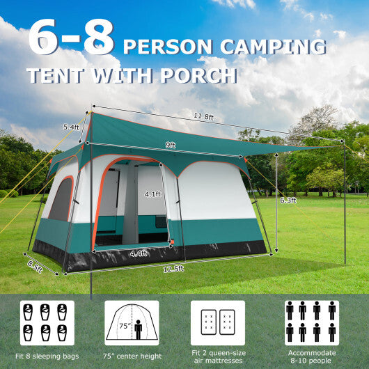 6-8 Person Camping Tent with Double Rooms and 2 Doors-Navy