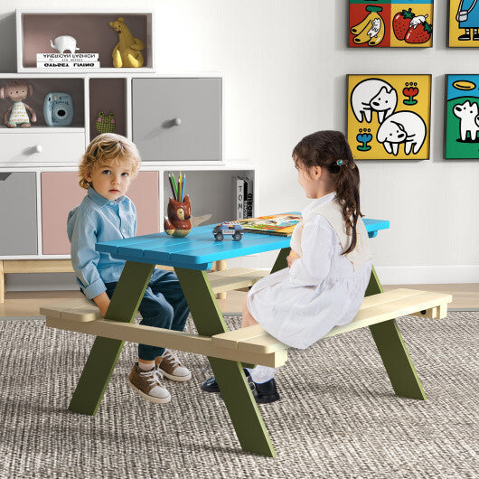Kids Wooden Picnic Table Set Toddler Activity and Dining Table with Built-in Benches W2B