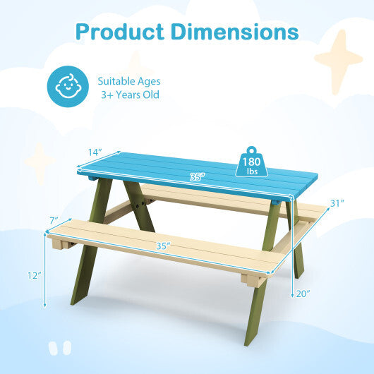 Kids Wooden Picnic Table Set Toddler Activity and Dining Table with Built-in Benches W2B