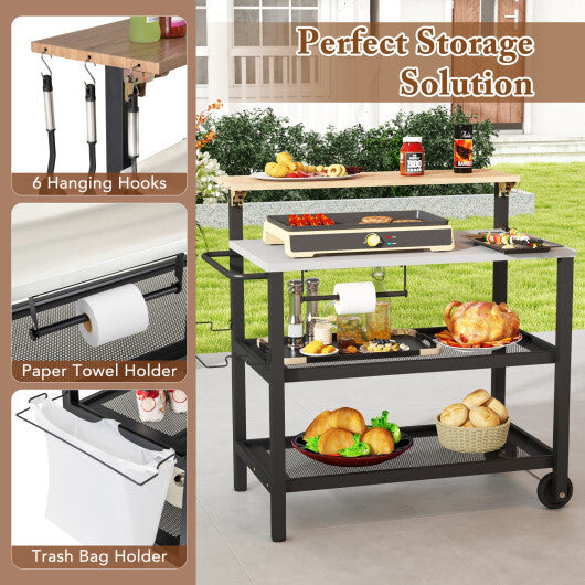 Rolling Bar Cart with Flip-up Table and Hooks for Kitchen W2B