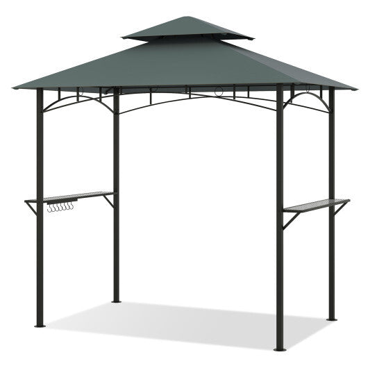 Outdoor Double-Tiered Grill Gazebo Canopy with 2 Shelves and 7 Hooks-Beige