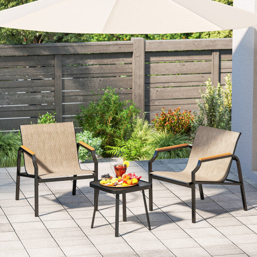 3 Piece Outdoor Chair Set with Breathable Fabric Seat and Armrests-Brown W2B