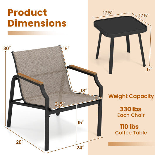 3 Piece Outdoor Chair Set with Breathable Fabric Seat and Armrests-Brown W2B