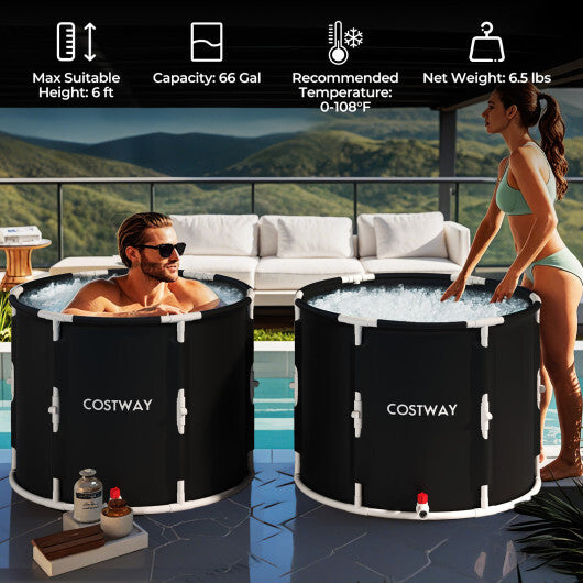 66 Gal Foldable Ice Bath Tub with Lid for Adult W2B