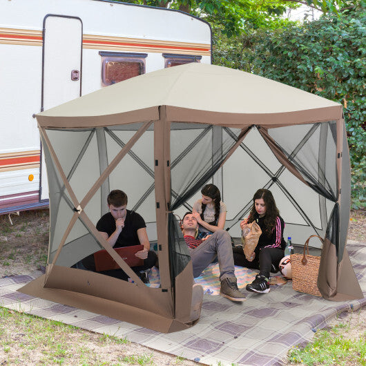 Pop-up Gazebo 6-sided Instant Setup Screen House Hub Tent with Mesh Netting Walls-Coffee W2B