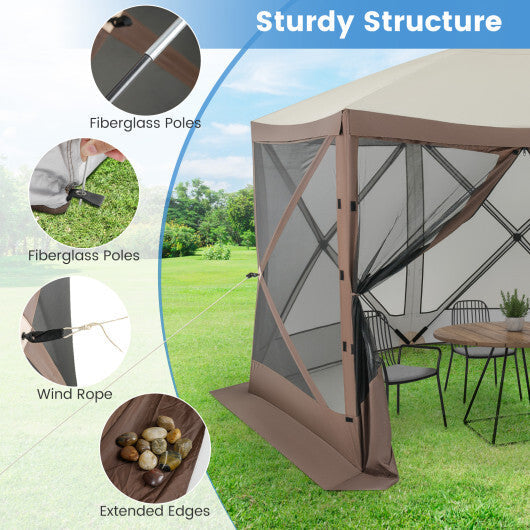 Pop-up Gazebo 6-sided Instant Setup Screen House Hub Tent with Mesh Netting Walls-Coffee W2B