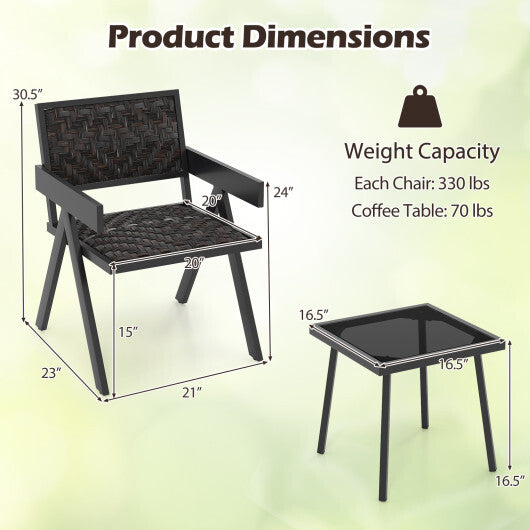 3 Pieces Patio PE Wicker Bistro Set with Quick-Drying Foam-Black W2B