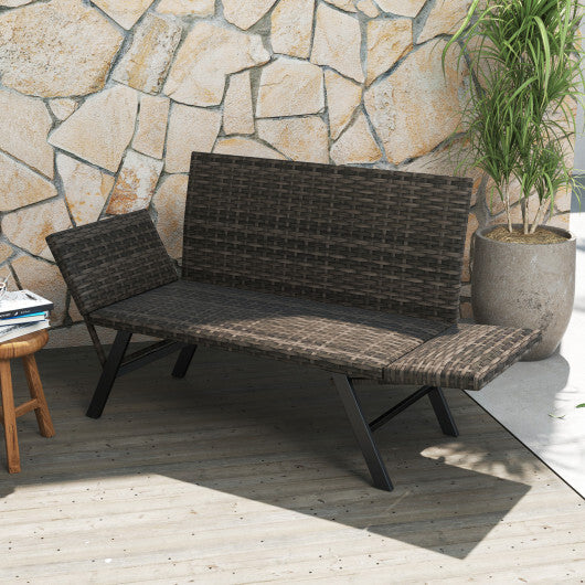 Patio Convertible Sofa for 2 Quick Dry Foam Padded Rattan with Armrests-Gray W2B