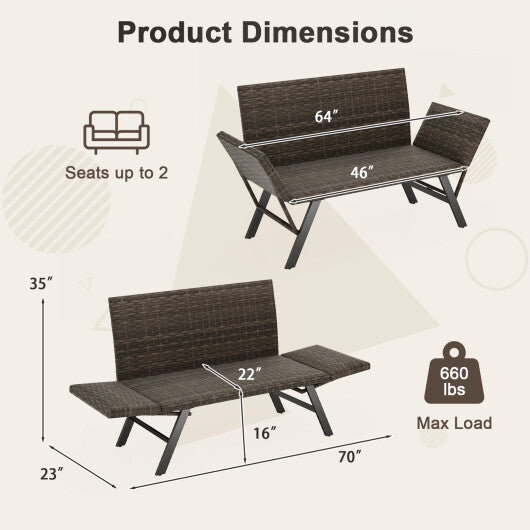 Patio Convertible Sofa for 2 Quick Dry Foam Padded Rattan with Armrests-Gray W2B