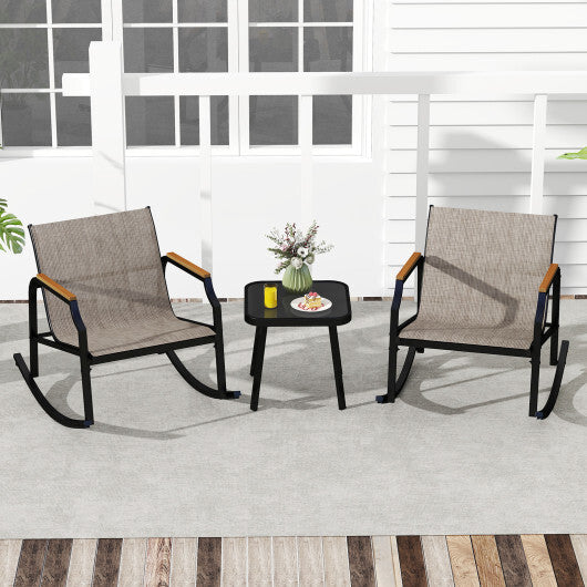 3 Piece Patio Rocking Bistro Set with Tempered Glass Coffee Table and Armrests for Porch-Brown W2B
