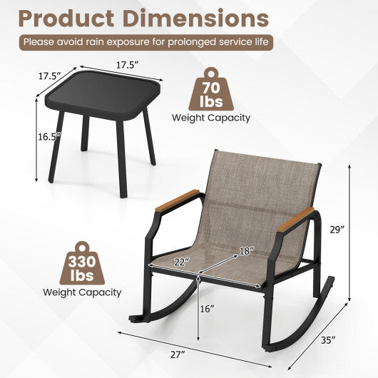 3 Piece Patio Rocking Bistro Set with Tempered Glass Coffee Table and Armrests for Porch-Brown W2B