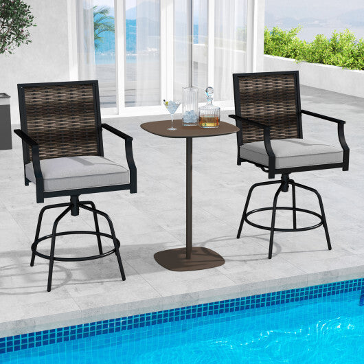 Outdoor PE Wicker Swivel Bar Stools Set of 2 Counter Height Patio Chairs with Back-Grey W2B