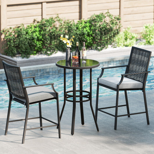 Patio Bar Stools Set of 2 Counter Height Rattan Bar Chairs with Armrest-Grey W2B