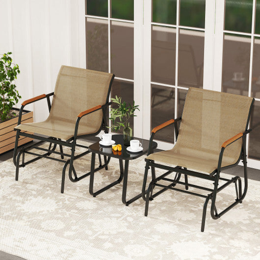 3-Piece Outdoor Glider Bistro Set with Tempered Glass Top and Metal Frame-Coffee W2B