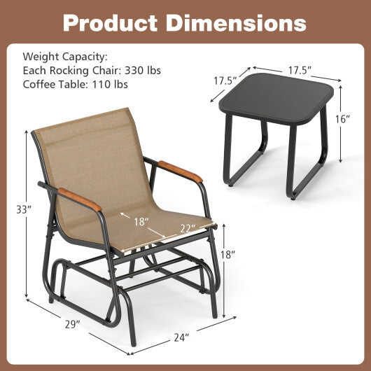 3-Piece Outdoor Glider Bistro Set with Tempered Glass Top and Metal Frame-Coffee W2B