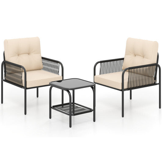 3 Pieces Patio Bistro PE Outdoor Wicker Rattan Furniture Conversation Set-Beige W2B