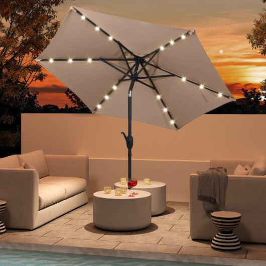 7.5 Feet Solar Powered Patio Umbrella with LED Lights and Crank Handle-Tan W2B