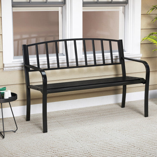 50 Inches Outdoor Garden Bench with Slatted Backrest and Curved Armrests-Black W2B