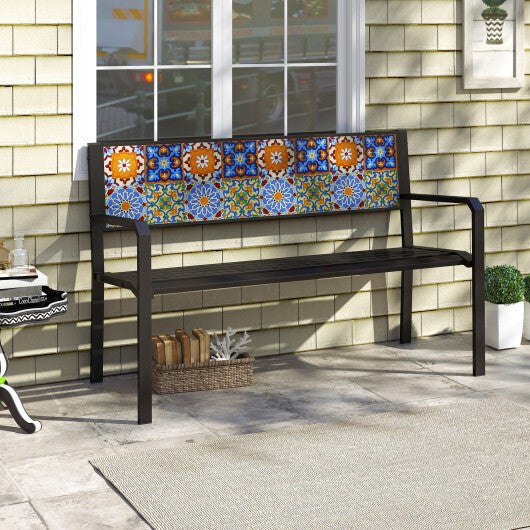 50 Inch Patio Metal Bench Slatted Loveseat for 2-3 People with Mosaic Backrest-Black W2B