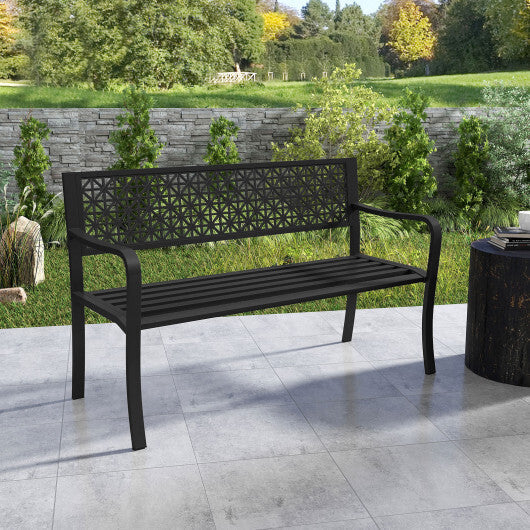 50 Inch Garden Bench with Patterned Backrest and Curved Armrests for 2-3 Person-Black W2B