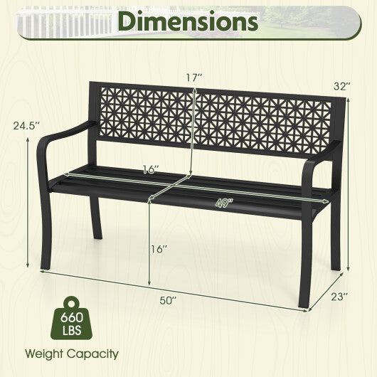 50 Inch Garden Bench with Patterned Backrest and Curved Armrests for 2-3 Person-Black