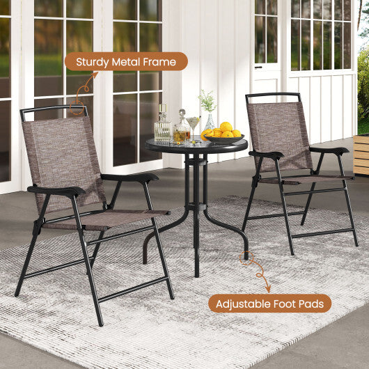3 Pieces Patio Round Table and Folding Chairs Set with Rippled Tempered Glass Tabletop W2B
