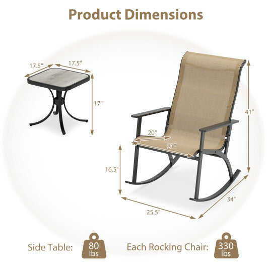 Heavy-Duty Rocking Bistro Chairs and Table Set with High Backrest and Wood-Plastic Tabletop-Brown W2B