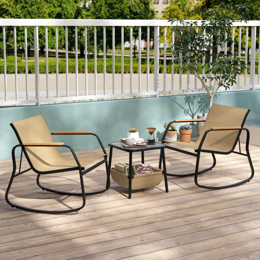 3 Piece Rocking Bistro Chairs and Side Table Set with Storage Bag-Brown W2B