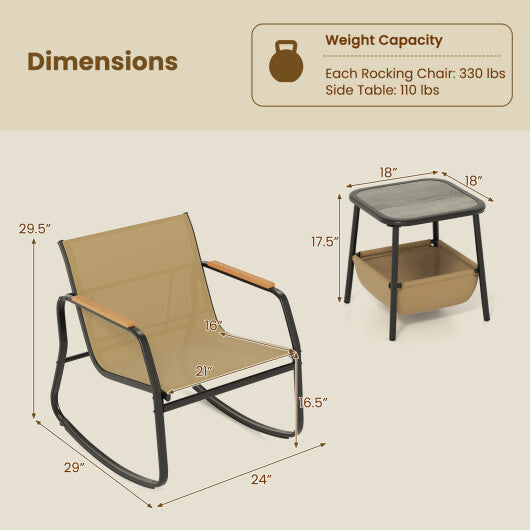 3 Piece Rocking Bistro Chairs and Side Table Set with Storage Bag-Brown W2B