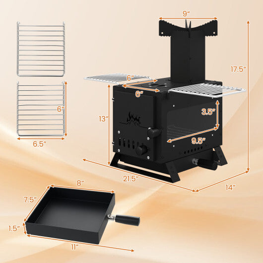 Portable Wood Burning Stove Mini Heater Burner with Pot Rack Oven Pan-Black W2B