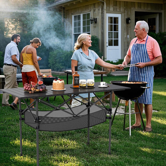 Patio Folding Camping Table with Roll-up Tabletop and Mesh Basket-Black