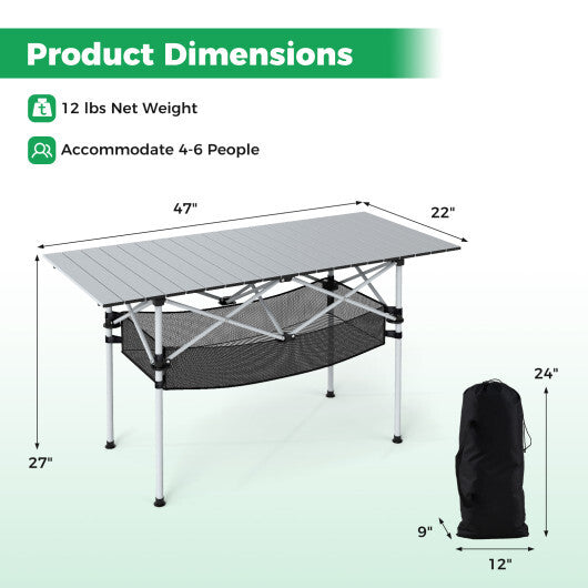 Patio Folding Camping Table with Roll-up Tabletop and Mesh Basket-Black