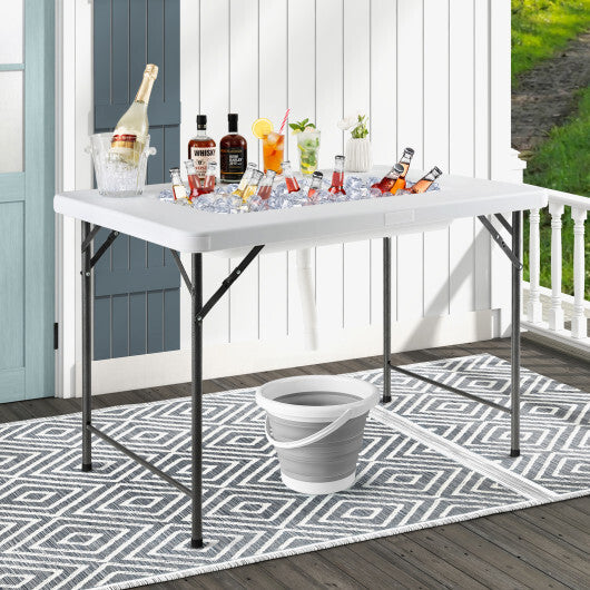 4 Feet Folding Ice Bin Table with Skirt for Camping Picnic Wedding with Ice Bucket-White W2B