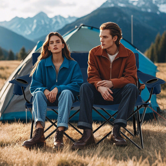 Double Camping Chair 2-Person Outdoor Folding Loveseat with Cup Holders-Blue W2B