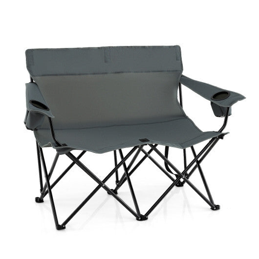 Double Camping Chair 2-Person Outdoor Folding Loveseat with Cup Holders-Blue