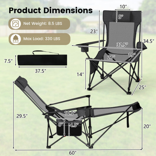 Reclining Camping Chair with Removable Footrest and Adjustable Backrest-Gray W2B