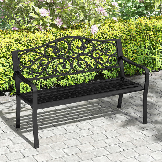 50 Inches Outdoor Garden Bench with Floral Design Backrest and Slatted Seat-Black W2B