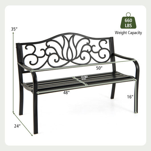 50 Inches Outdoor Garden Bench with Floral Design Backrest and Slatted Seat-Black