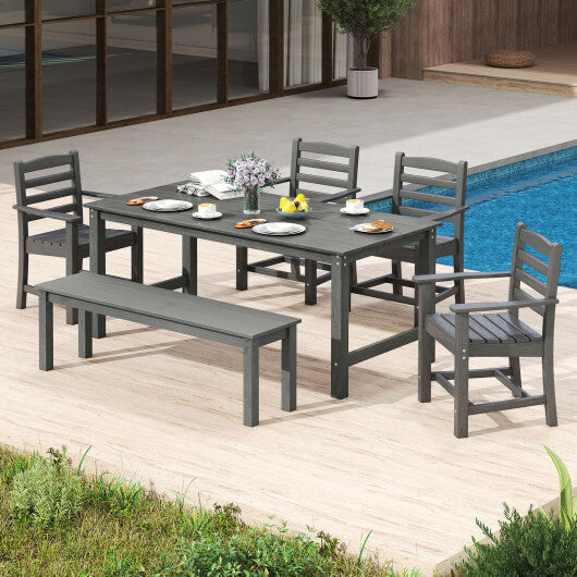 6 Pieces Patio Dining Bench Set Outdoor HDPE Weather Resistant Table and Chairs Set-Grey W2B