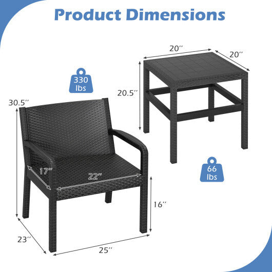 3 Piece Patio Furniture Set with 2 Modern Rattan Armchair and 25 Inch Squire Side Table-Black W2B