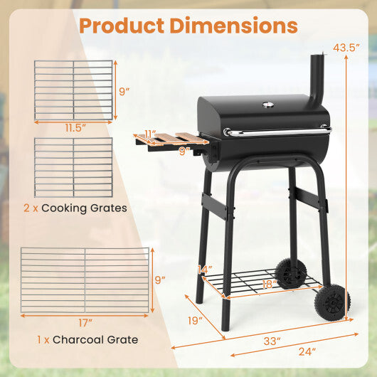 Barrel Charcoal Grill with Foldable Side Table and Thermostat-Black W2B