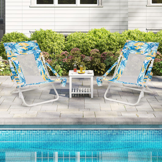 Folding Low Beach Chair Set of 2 Patio Sling Chairs with Padded Head Pillow-Blue W2B