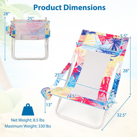 Folding Low Beach Chair Set of 2 Patio Sling Chairs with Padded Head Pillow-Blue