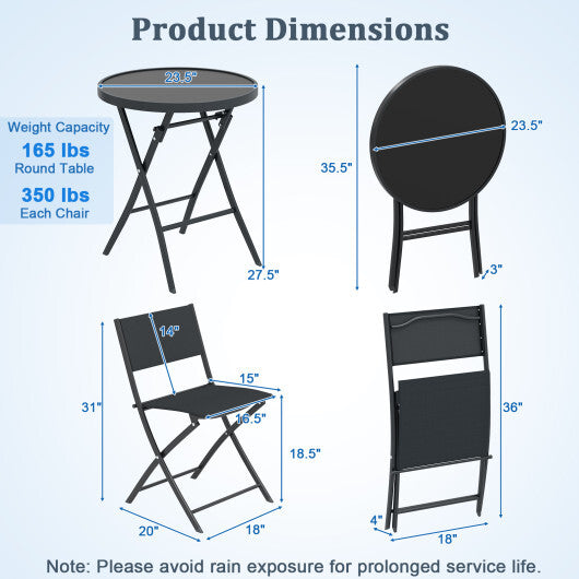 3 Piece Outdoor Folding Patio Bistro Set with Tempered Glass Coffee Table and 2 Patio Chairs W2B