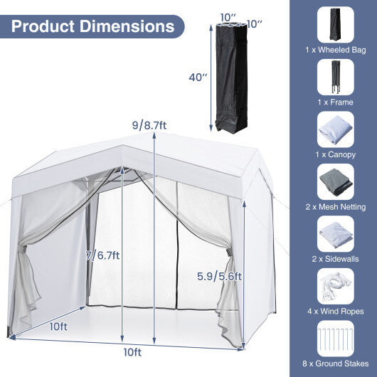 Pop up Canopy Tent wiht 4 Sidewalls Mesh Netting Wheeled Bag-White W2B