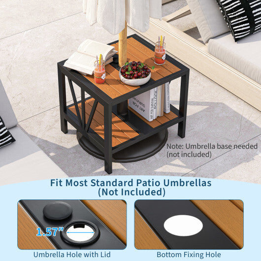 Outdoor Side Table with Umbrella Hole and Storage Shelf for Porch W2B