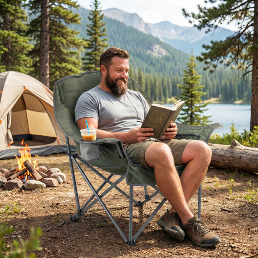Folding Oversized Camping Chair with Side Pockets and Cup Holder-Green W2B