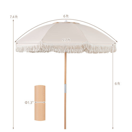 6 Feet Patio Umbrella with Fringe with Push Button Tilt and Wood Pole-Beige W2B