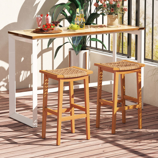 Outdoor Acacia Wood Bar Stools Set of 2 with PE Rattan Seats and Backrests W2B